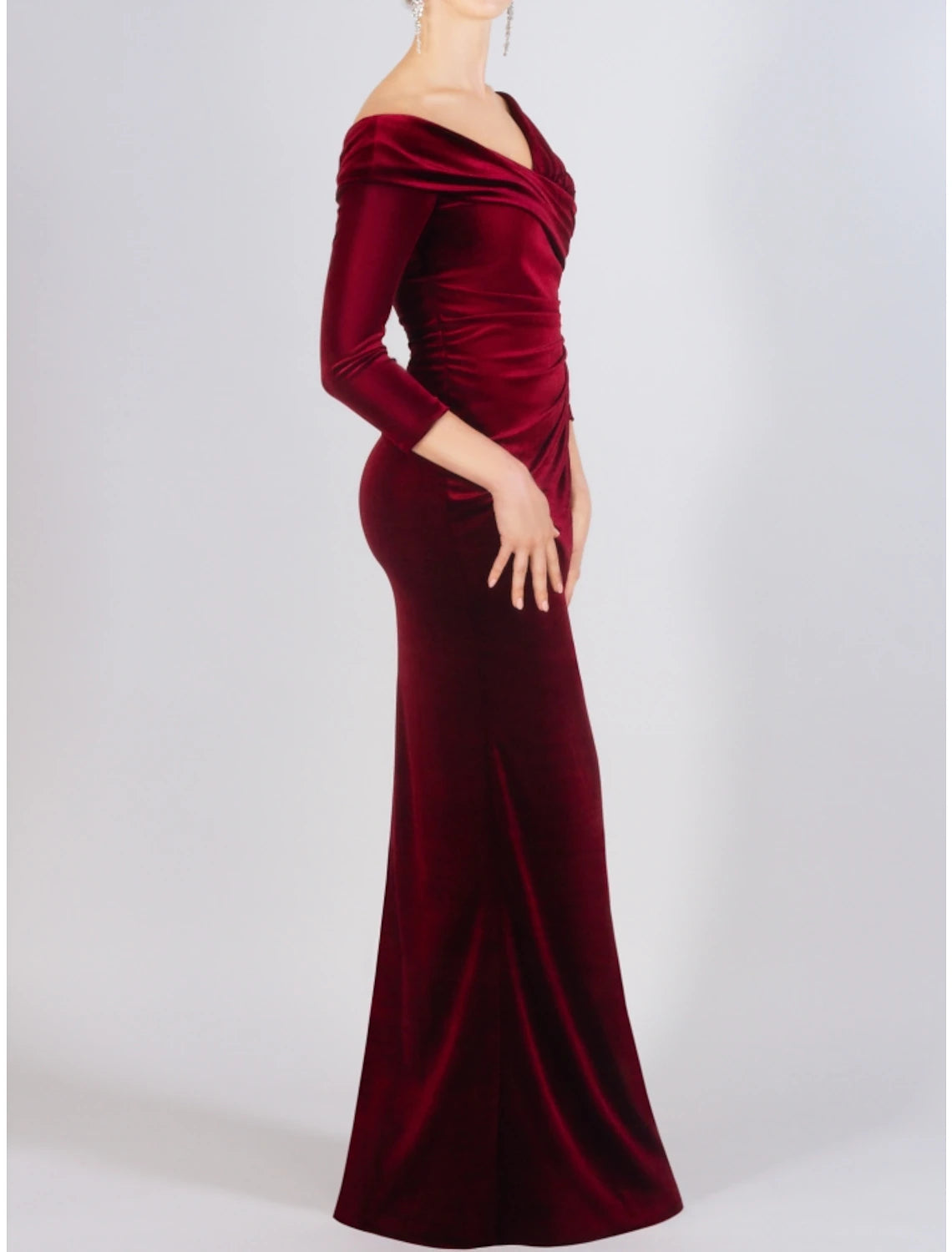 Wholesale Sheath / Column Mother of the Bride Dress Wedding Guest Elegant Off Shoulder Floor Length Velvet 3/4 Length Sleeve with Split Front Ruching