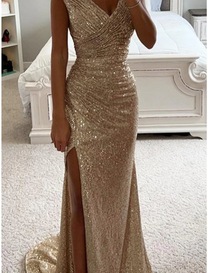 Wholesale Sheath / Column Prom Dresses Sparkle & Shine Dress Cocktail Party Sweep / Brush Train Sleeveless V Neck Sequined with Glitter Ruched