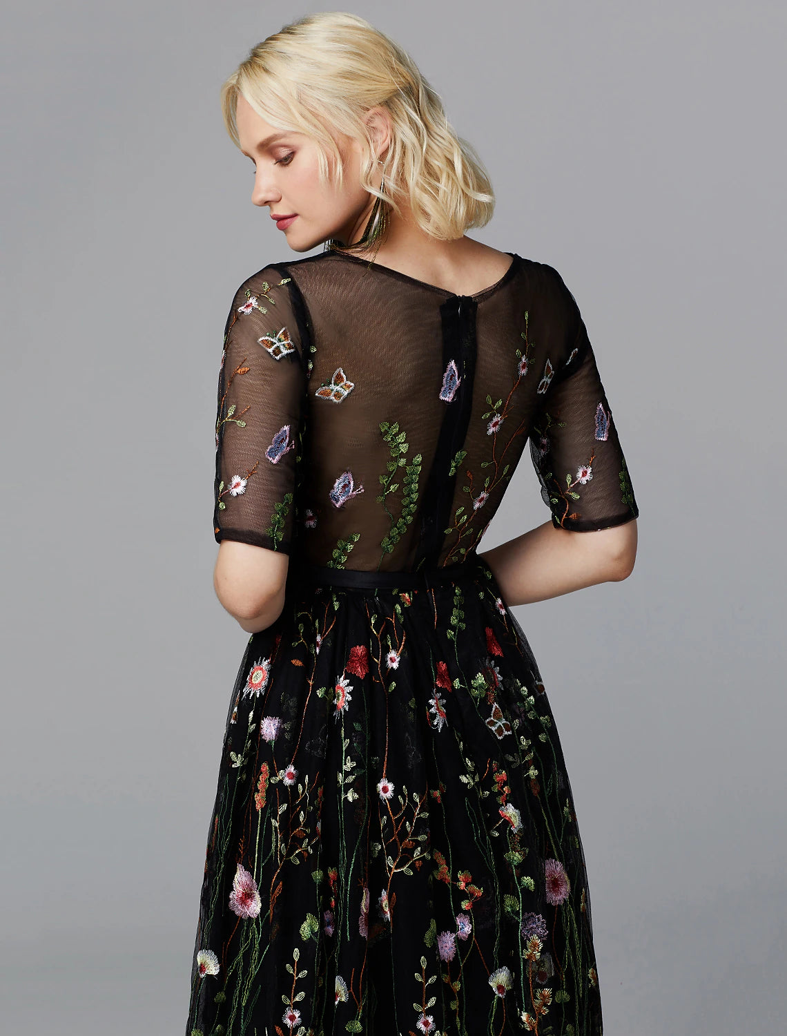 Wholesale A-Line Floral Dress Holiday Wedding Guest Tea Length Half Sleeve Illusion Neck Lace with Embroidery Appliques