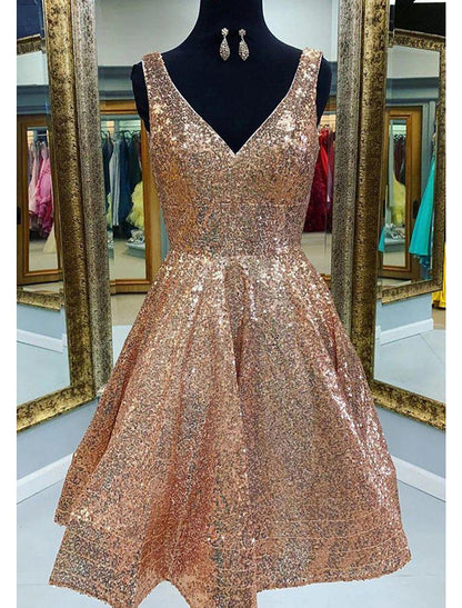 Wholesale A-Line Homecoming Dresses Sparkle & Shine Dress Graduation Party Wear Tea Length Sleeveless V Neck Pink Dress Sequined with Sequin