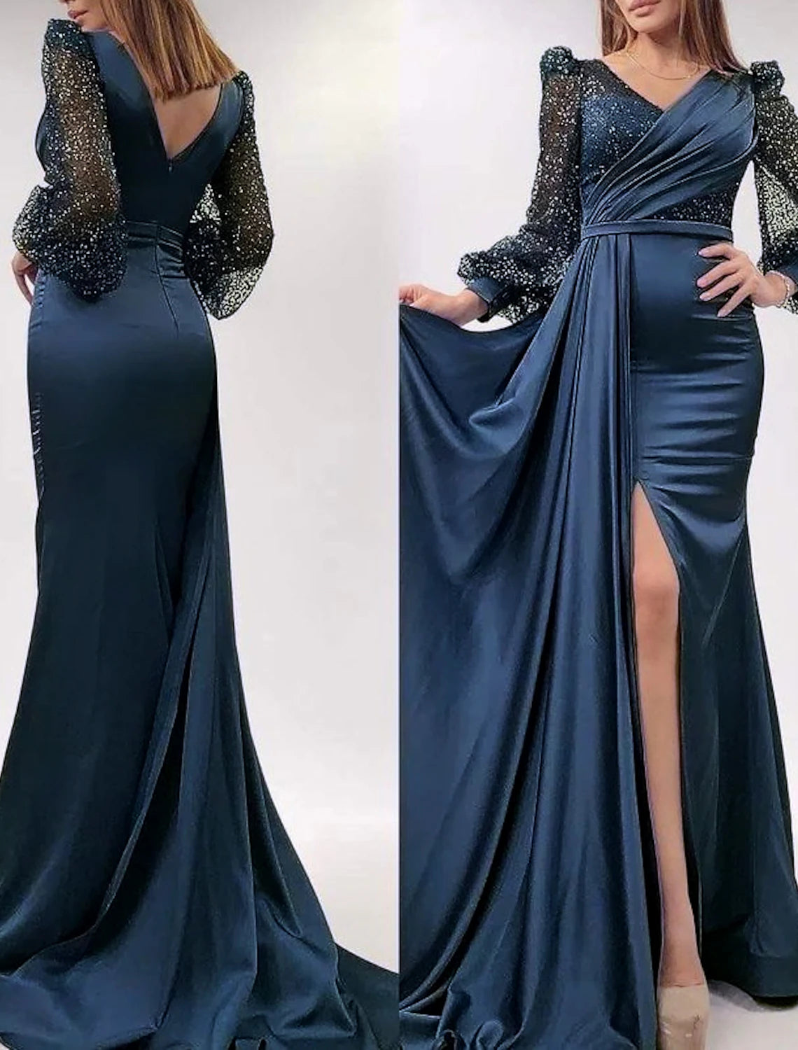 Mermaid / Trumpet Evening Gown Sparkle & Shine Dress Formal Wedding Court Train Long Sleeve V Neck Satin with Feather Glitter Ruched main image 1