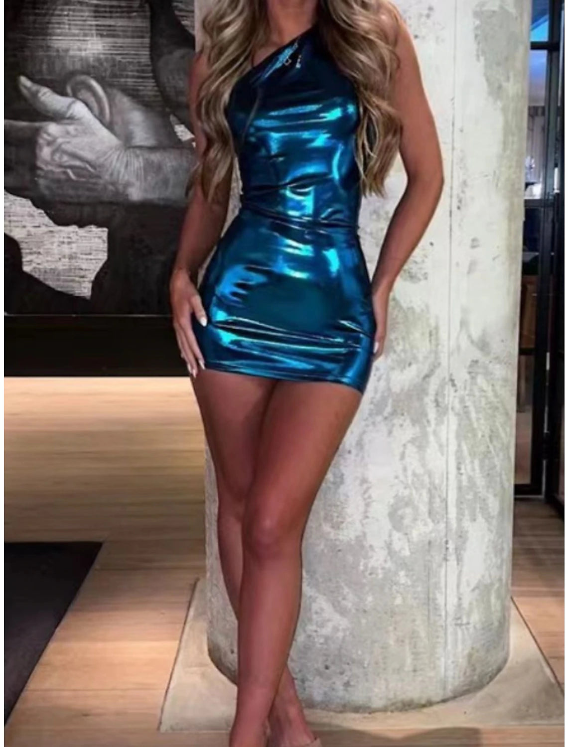 Wholesale Women's Party Dress Homecoming Dress Wedding Guest Dress Mini Dress Blue Gold Green Sleeveless Pure Color Ruched Summer Spring Fall One Shoulder Party Vacation Summer Dress