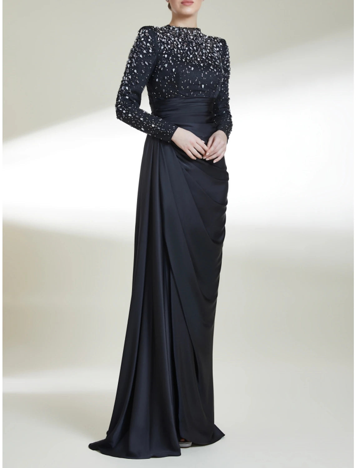 Wholesale Sheath / Column Mother of the Bride Dress Wedding Guest Elegant High Neck Sweep / Brush Train Stretch Satin Long Sleeve with Crystals Ruching Solid Color