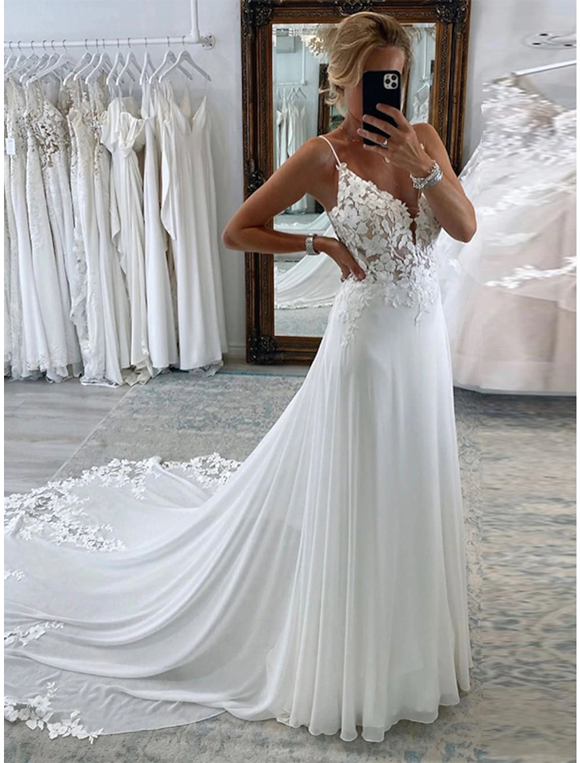 Wholesale  Reception Formal Wedding Dresses A-Line Camisole Sleeveless Court Train Chiffon Bridal Suits Bridal Gowns With Appliques