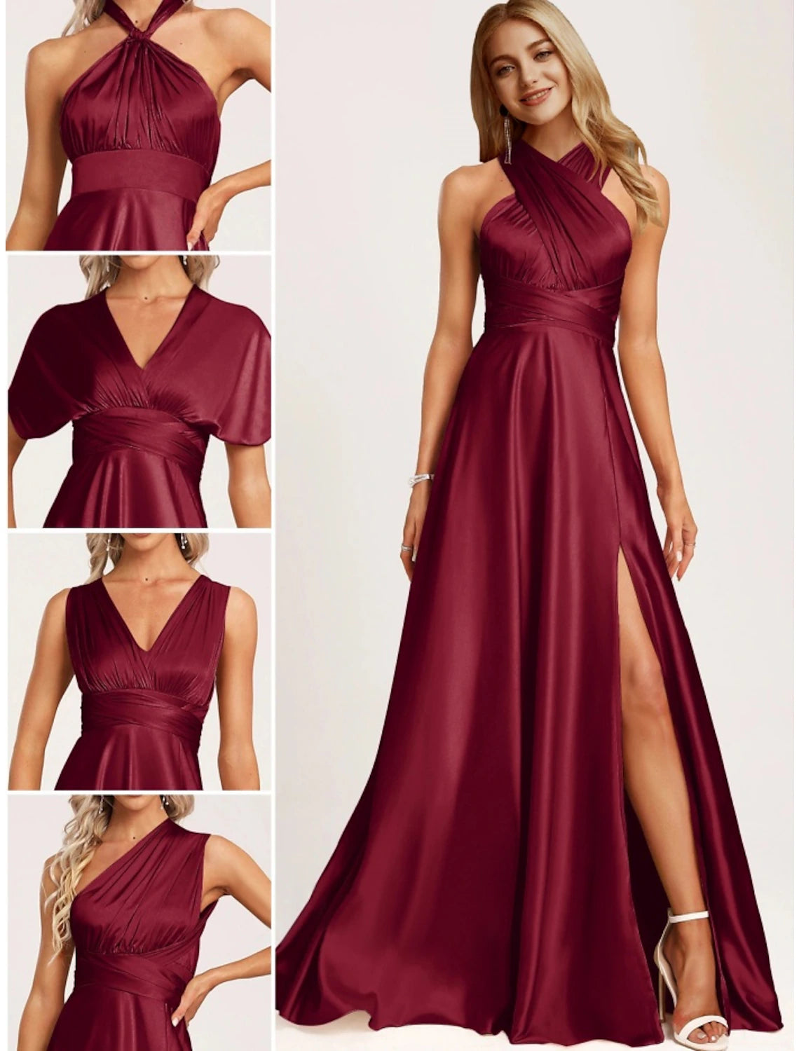 Wholesale A-Line Bridesmaid Dress Halter Neck Sleeveless Elegant Floor Length Stretch Satin with Split Front / Ruching