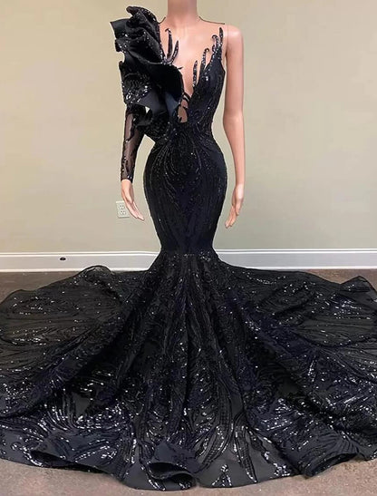 Wholesale Mermaid / Trumpet Evening Gown Sparkle & Shine Dress Engagement Formal Evening Court Train Long Sleeve One Shoulder Sequined with Sequin