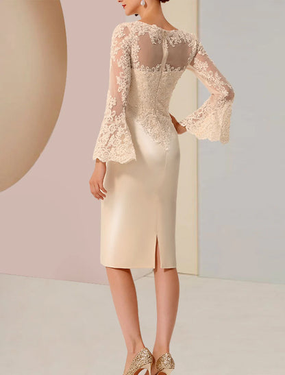 Wholesale Sheath / Column Mother of the Bride Dress Fall Wedding Guest Vintage Luxurious Plus Size Jewel Neck Knee Length Satin Lace Long Sleeve with Beading Appliques