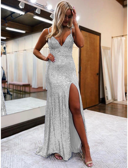 Wholesale Mermaid / Trumpet Prom Dresses Sparkle & Shine Dress Formal Wedding Party Sweep / Brush Train Sleeveless V Neck Sequined Backless with Glitter Sequin