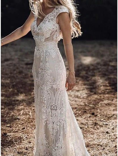 Wholesale Beach Boho Wedding Dresses Mermaid / Trumpet V Neck Cap Sleeve Court Train Lace Outdoor Bridal Gowns With Appliques