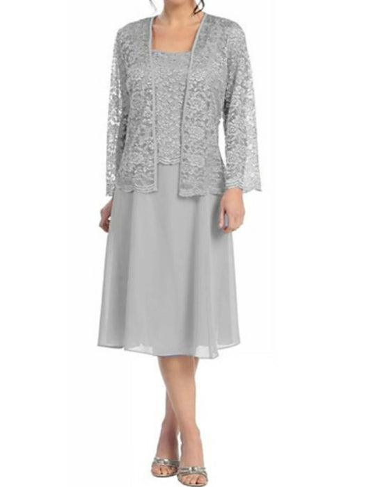 Wholesale A-Line Mother of the Bride Dress Plus Size Elegant Square Neck Tea Length Chiffon Lace Long Sleeve with Lace