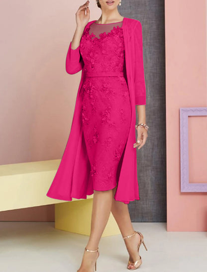 Wholesale Two Piece Sheath / Column Mother of the Bride Dress Fall Wedding Guest Church Plus Size Vintage Elegant Bateau Neck Knee Length Chiffon Lace 3/4 Length Sleeve Jacket Dresses with Appliques