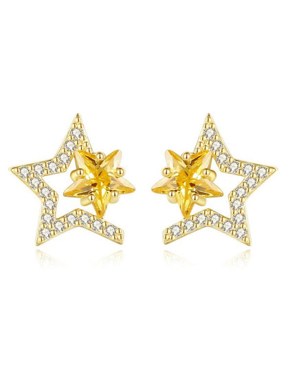 Wholesale Women's Clear Yellow Zircon Stud Earrings Fine Jewelry Classic Star Stylish Simple S925 Sterling Silver Earrings Jewelry Gold For Wedding Party 1 Pair