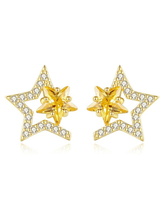 Wholesale Women's Clear Yellow Zircon Stud Earrings Fine Jewelry Classic Star Stylish Simple S925 Sterling Silver Earrings Jewelry Gold For Wedding Party 1 Pair