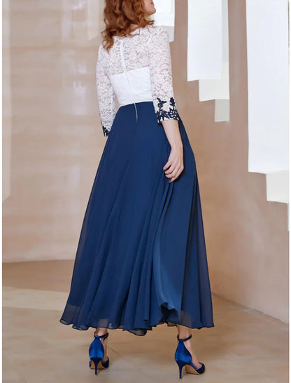 Wholesale A-Line Mother of the Bride Dress Wedding Guest Elegant Scoop Neck Ankle Length Chiffon 3/4 Length Sleeve with Lace Ruching