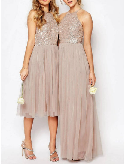 Wholesale A-Line Bridesmaid Dress Halter Neck Sleeveless Elegant Floor Length / Knee Length Tulle with Sequin / Ruching