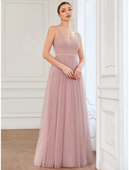 Wholesale  A-Line Prom Dresses Vintage Dress Wedding Guest Prom Floor Length Sleeveless V Neck Bridesmaid Dress Tulle V Back with Pleats Draping