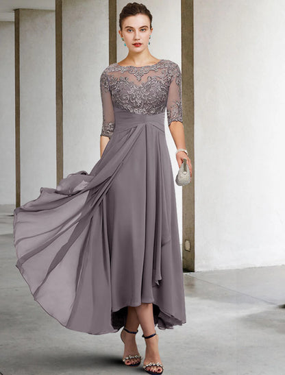 Wholesale A-Line Mother of the Bride Dress Fall Wedding Guest Dresses Plus Size Elegant High Low V Neck Asymmetrical Ankle Length Chiffon Lace Half Sleeve with Beading Appliques