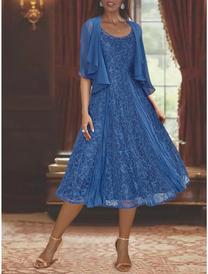 Wholesale Two Piece A-Line Mother of the Bride Dress Formal Wedding Guest Plus Size Elegant Scoop Neck Tea Length Chiffon Lace 3/4 Length Sleeve Wrap Included with Pleats