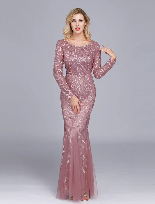 Wholesale Mermaid / Trumpet Empire Elegant Party Wear Formal Evening Valentine's Day Dress Jewel Neck Long Sleeve Floor Length Tulle with Embroidery