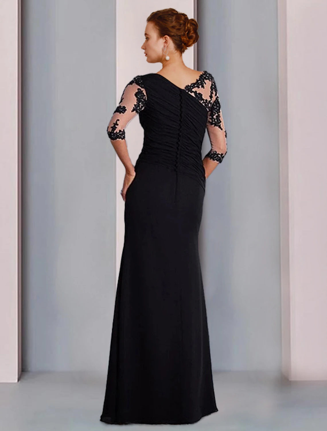 Wholesale  Sheath / Column Mother of the Bride Dress Formal Fall Wedding Guest Dresses Elegant Jewel Neck Floor Length Chiffon Lace 3/4 Length Sleeve with Beading Appliques