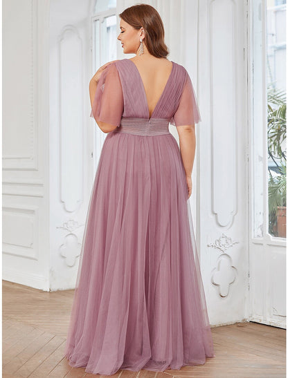 Wholesale  A-Line Bridesmaid Dress V Neck Short Sleeve Plus Size Floor Length Tulle with Ruffles / Draping/Butterfly Sleeve