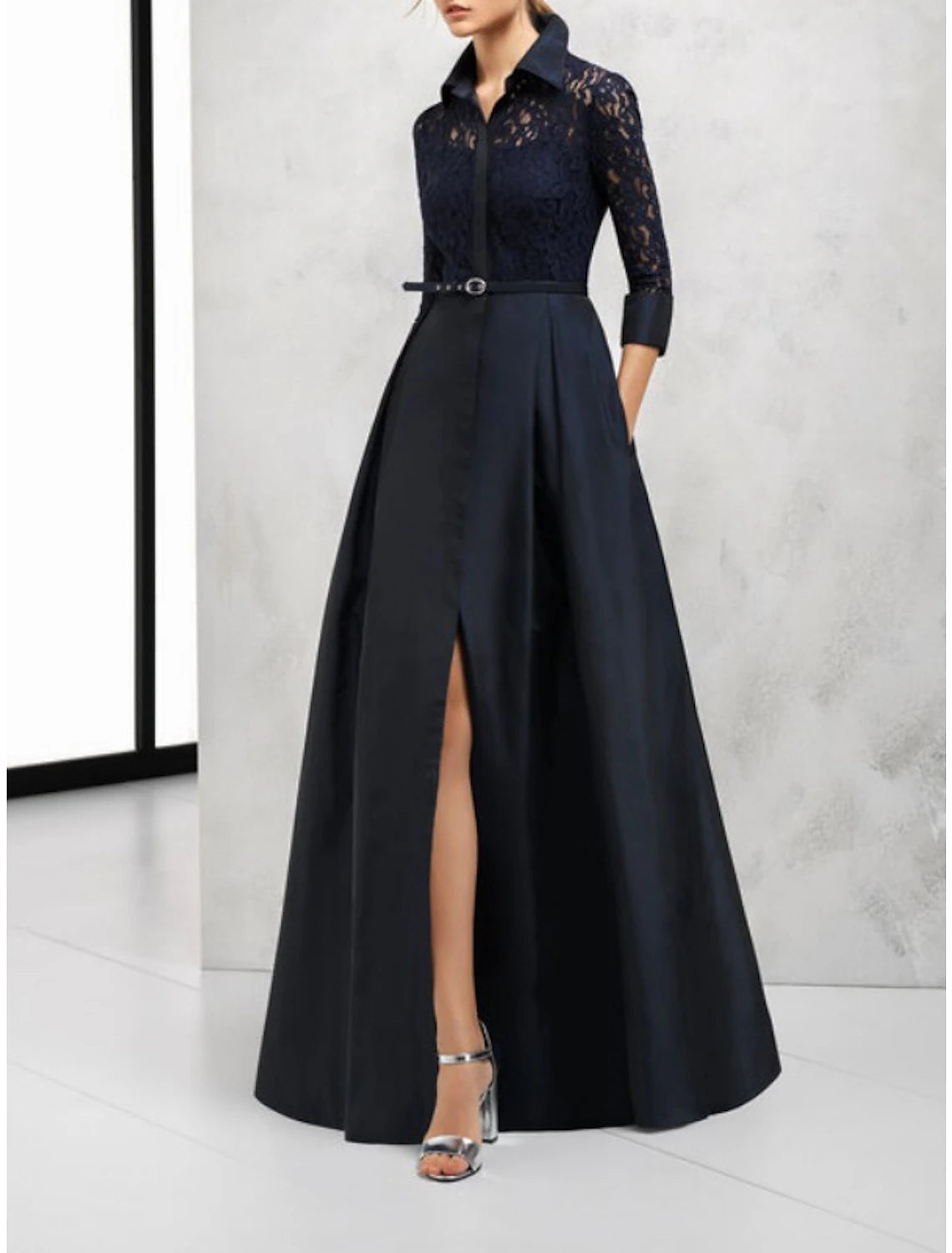 Wholesale A-Line Mother of the Bride Dress Wedding Guest Vintage Elegant Shirt Collar Floor Length Satin Lace 3/4 Length Sleeve with Sash / Ribbon Split Front Fall