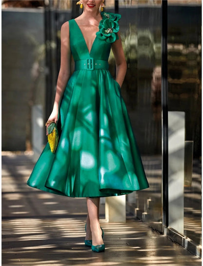 Wholesale A-Line Cocktail Fall Dresses Red Green Dress Vintage Formal Tea Length Sleeveless V Neck Belt / Sash Satin with Pleats Shouder Flower