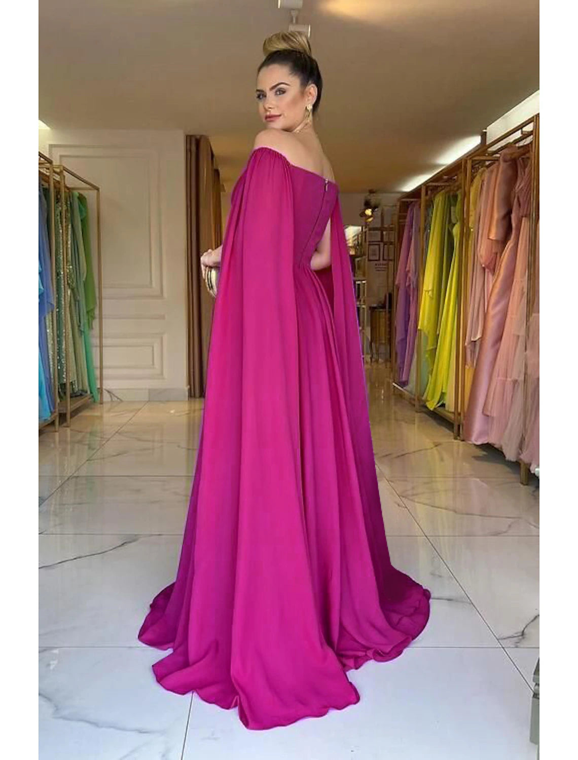 Wholesale A-Line Evening Gown Elegant Dress Formal Wedding Party Sweep / Brush Train Sleeveless Off Shoulder Capes Chiffon with Pleats