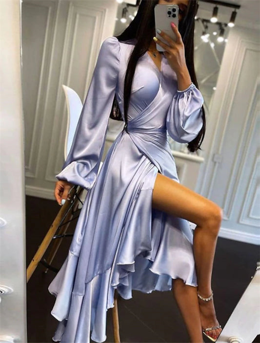 Wholesale A-Line Wedding Guest Dresses High Low Dress Party Wear Semi Formal Asymmetrical Long Sleeve V Neck Satin with Ruffles Pure Color