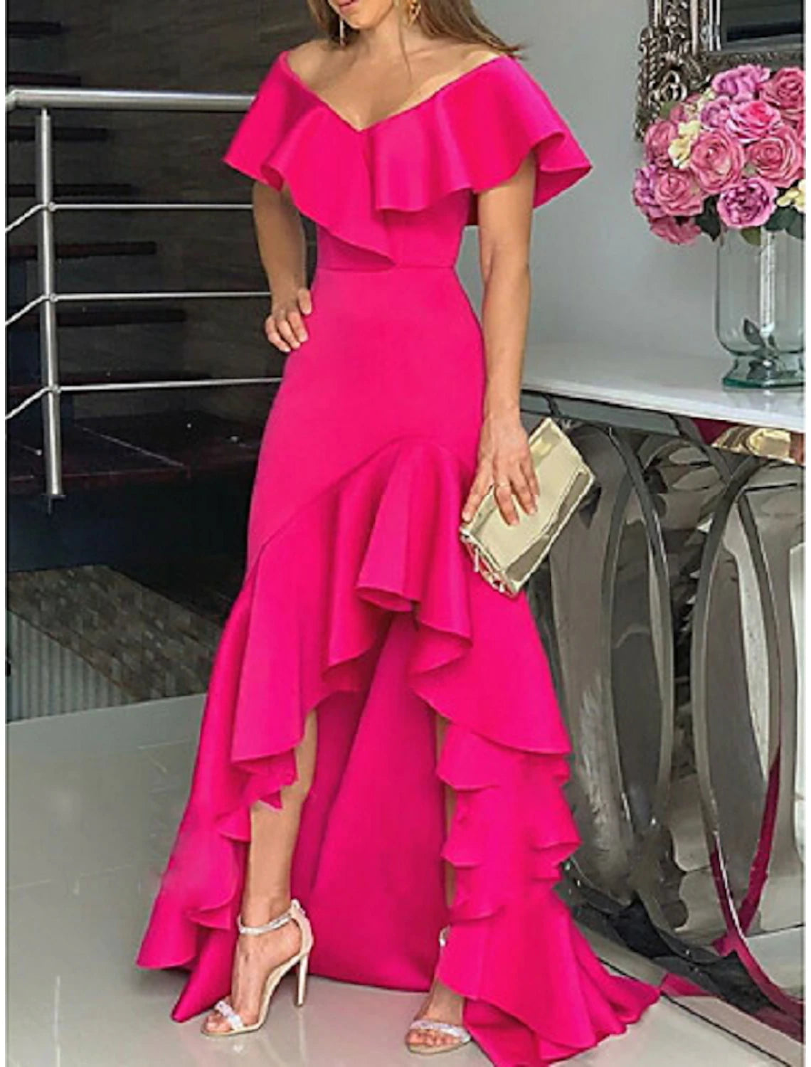 Wholesale A-Line Evening Gown Minimalist Dress Wedding Guest Homecoming Asymmetrical Sleeveless Off Shoulder Stretch Satin with Ruffles Slit