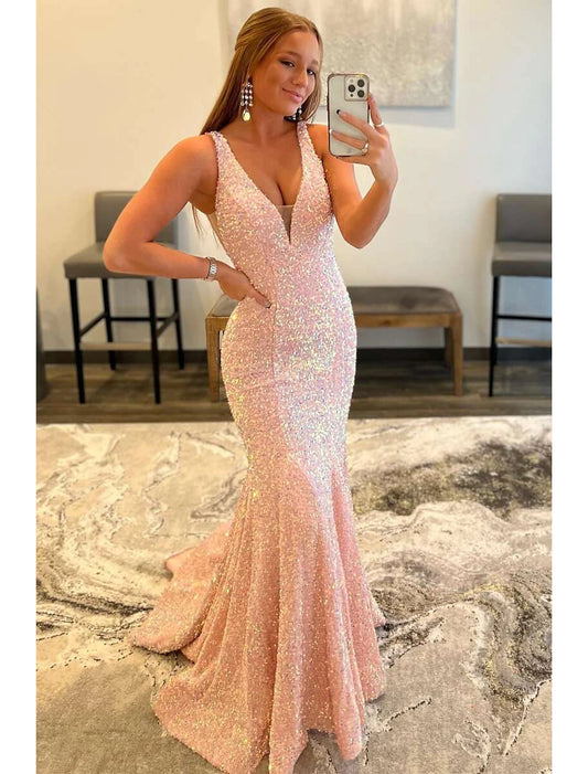 Wholesale  Mermaid / Trumpet Prom Dresses Sparkle & Shine Dress Formal Prom Sweep / Brush Train Sleeveless V Neck Sequined Backless with Sequin