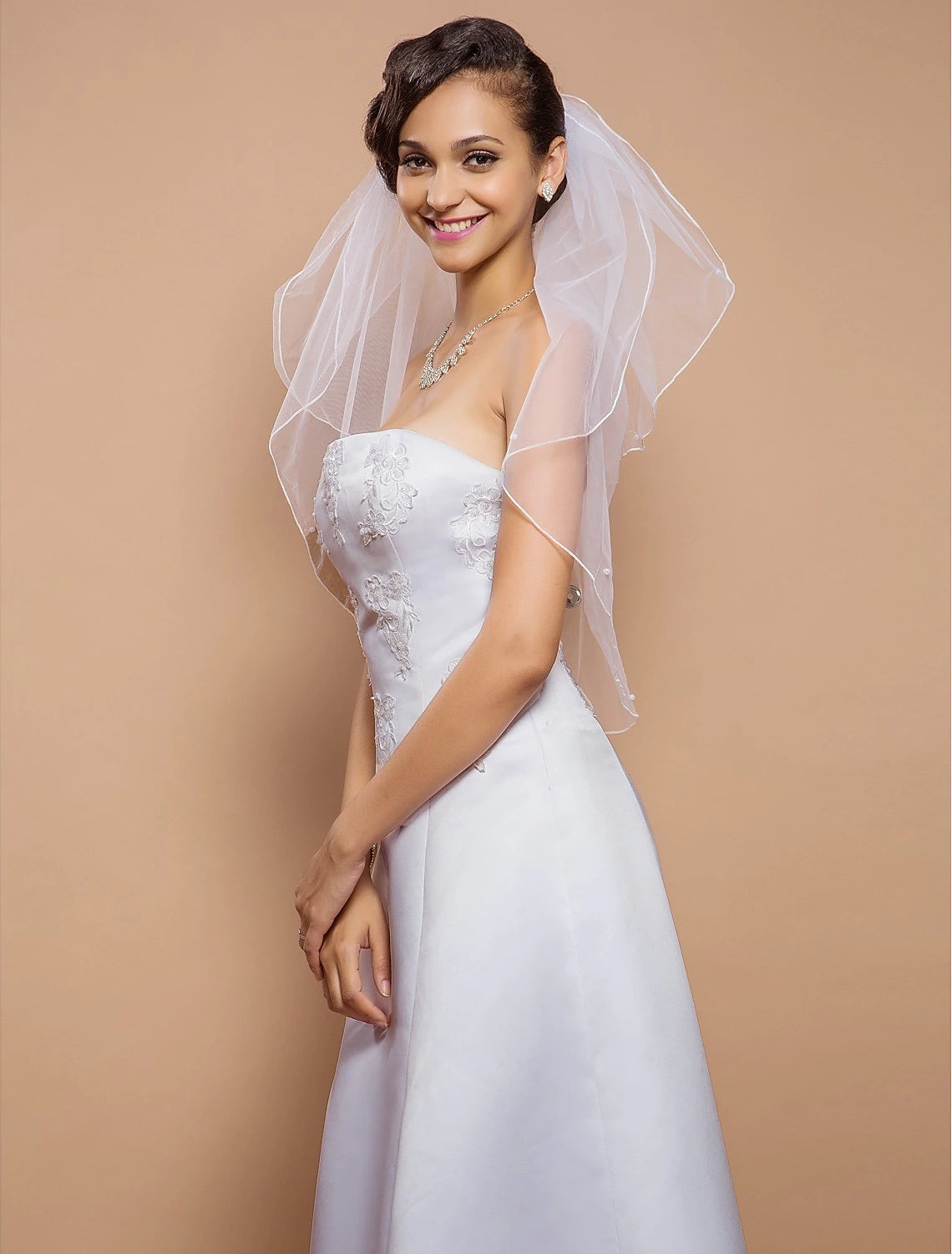 Wholesale Two-tier Pencil Edge Wedding Veil Elbow Veils with Pearl 31.5 in (80cm) Tulle A-line, Ball Gown, Princess, Sheath / Column, Trumpet / Mermaid / Classic