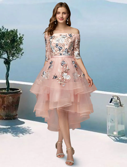 Wholesale A-Line Prom Dresses Floral Dress Evening Party Asymmetrical Half Sleeve Off Shoulder Satin with Embroidery Appliques