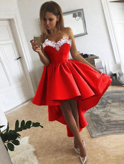 Wholesale A-Line Cocktail Dresses Minimalist Dress Homecoming Asymmetrical Sleeveless Strapless Satin with Appliques