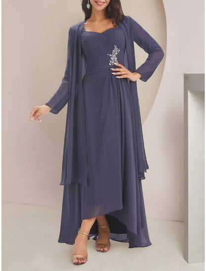 Wholesale Two Piece A-Line Mother of the Bride Dress Wedding Guest Elegant Sweetheart Asymmetrical Ankle Length Chiffon Long Sleeve with Crystal Brooch Ruching Solid Color