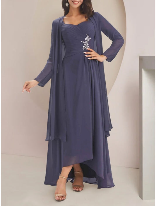 Wholesale Two Piece A-Line Mother of the Bride Dress Wedding Guest Elegant Sweetheart Asymmetrical Ankle Length Chiffon Long Sleeve with Crystal Brooch Ruching Solid Color