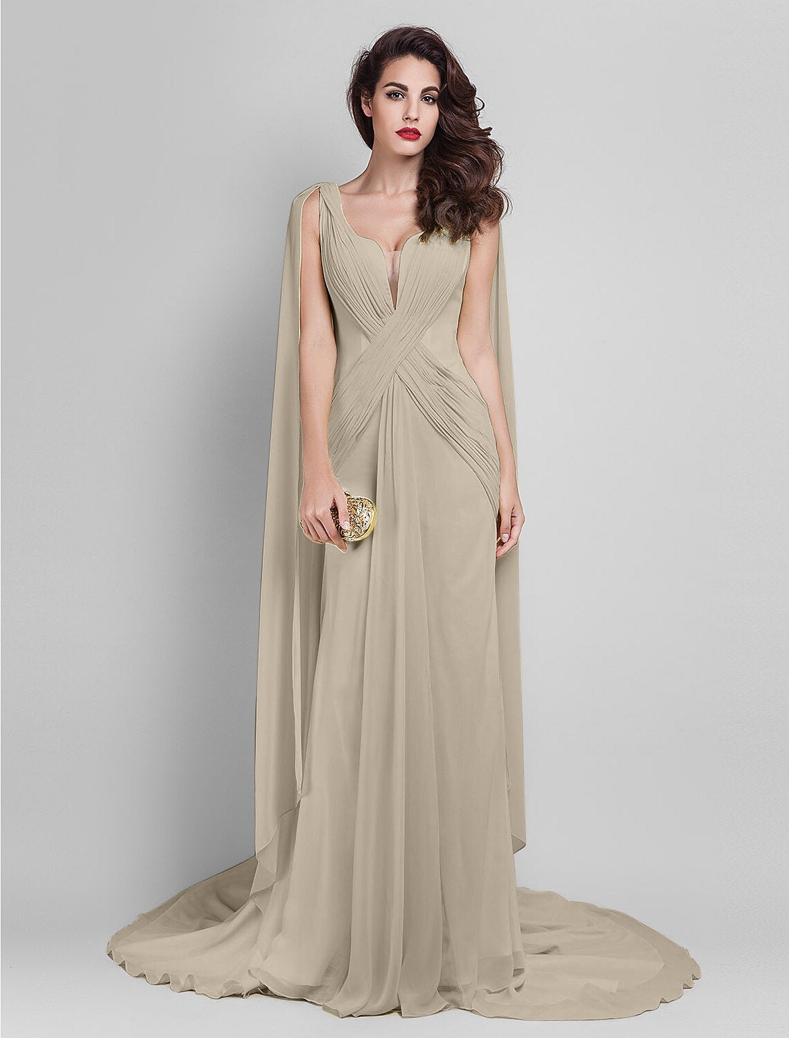 Wholesale Sheath / Column Elegant Dress Wedding Guest Prom Court Train Sleeveless Plunging Neck Georgette V Back