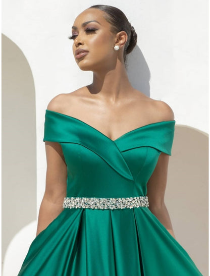 Wholesale A-Line Evening Gown Elegant Dress Formal Sweep / Brush Train Christmas Red Green Dress Sleeveless Off Shoulder Satin with Pleats Crystals