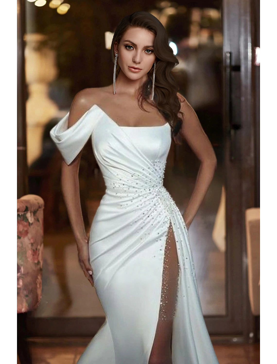 Wholesale Formal Wedding Dresses Mermaid / Trumpet Off Shoulder Sleeveless Court Train Satin Bridal Gowns With Beading