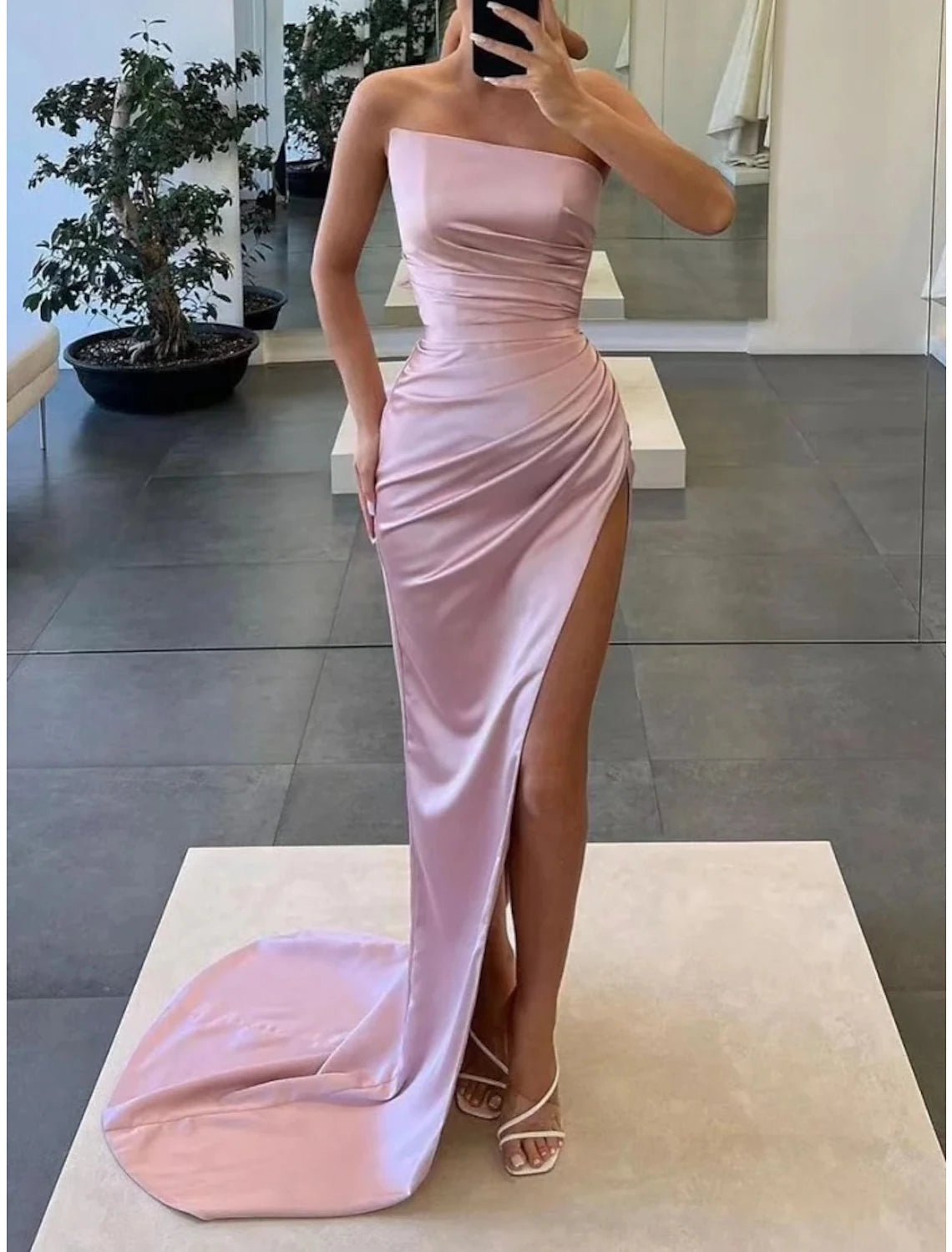 Wholesale A-Line Evening Gown Elegant Dress Formal Court Train Sleeveless Strapless Satin with Ruched Slit