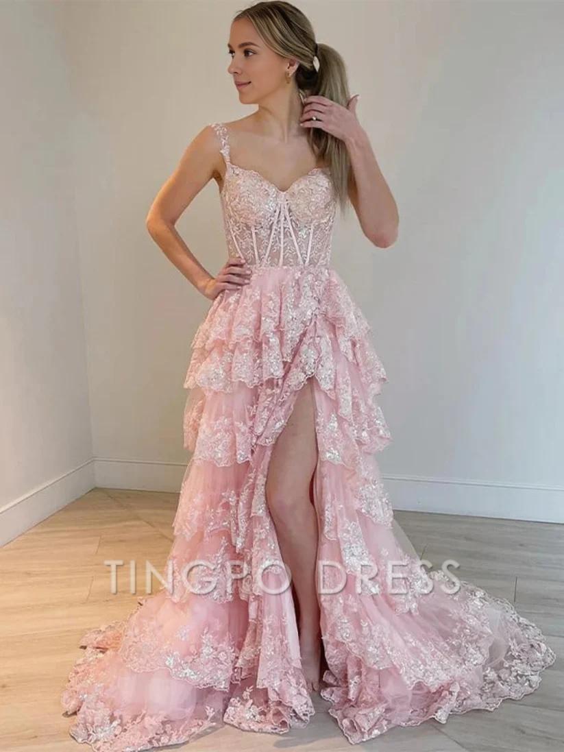 TingPo Wholesale Tulle Appliques Off-the-Shoulder Ruffle Long Prom Dress Sweetheart Tiered Skirt Corset Lace Formal Dresses