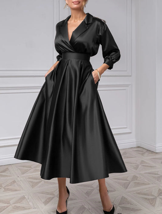 Wholesale A-Line Cocktail Dresses Vintage Black Dress Plus Size Wedding Guest Evening Party Tea Length 3/4 Length Sleeve Shirt Collar Satin with Pleats