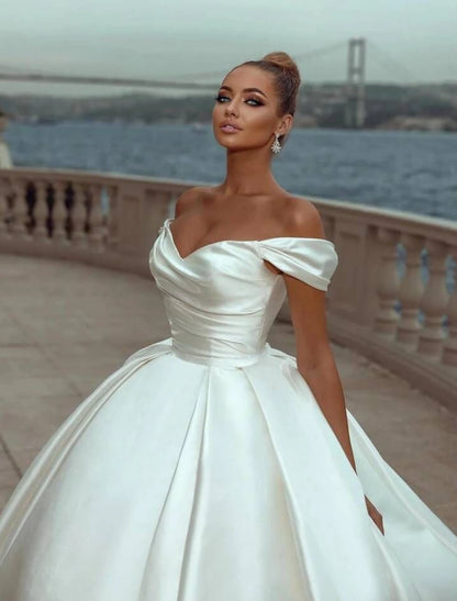 Wholesale Engagement Formal Wedding Dresses Ball Gown Off Shoulder Cap Sleeve Court Train Satin Church Bridal Gowns With Ruched