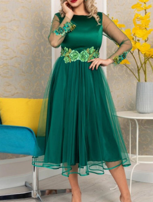 Wholesale A-Line Cocktail Dresses Floral Dress Wedding Guest Cocktail Party Tea Length Long Sleeve Jewel Neck Polyester with Appliques