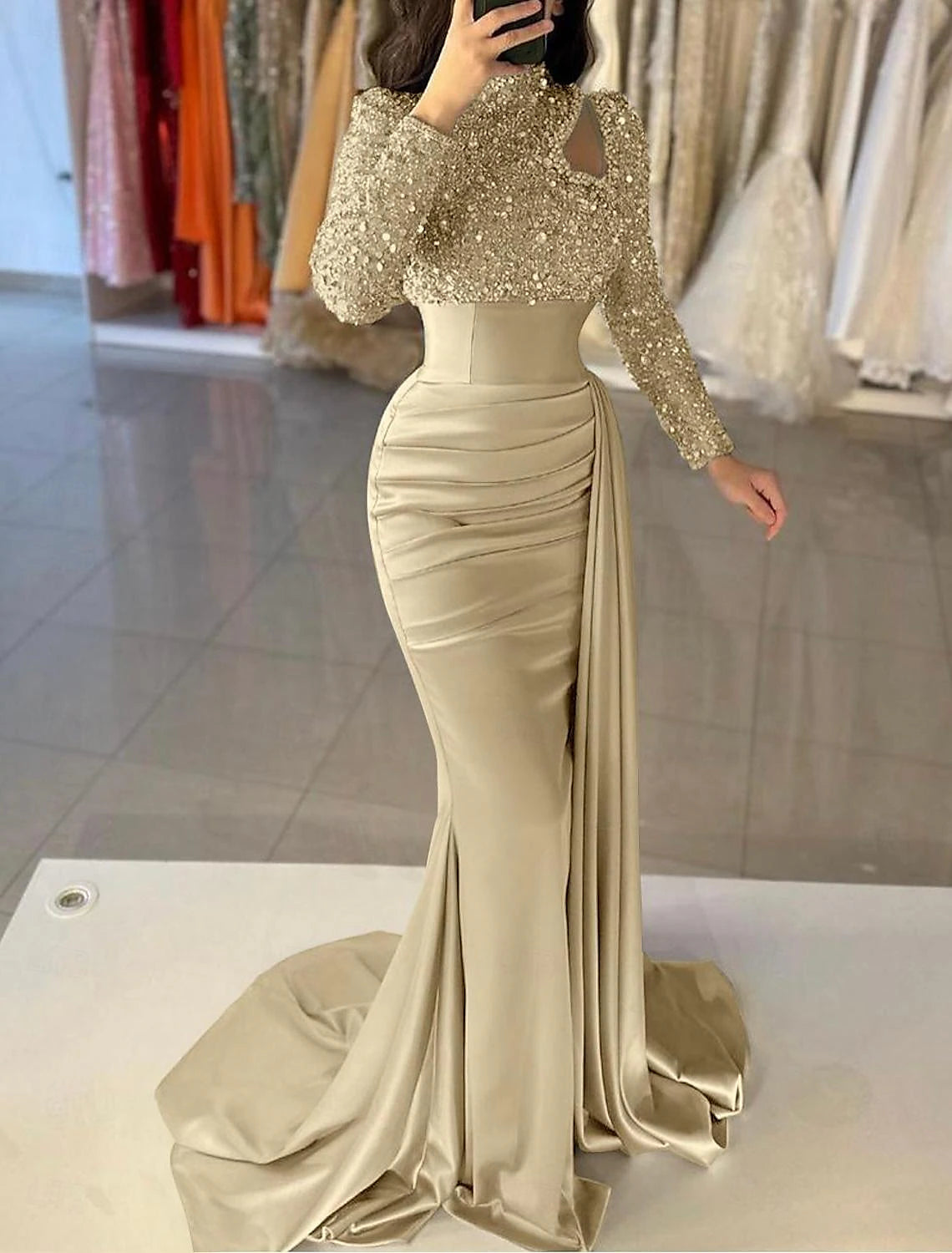 Wholesale Mermaid / Trumpet Evening Gown Elegant Dress Formal Sweep / Brush Train Long Sleeve High Neck Satin with Pearls Sequin