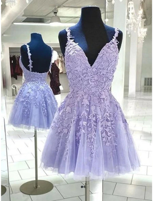 Wholesale A-Line Homecoming Dresses Backless Dress Graduation Birthday Short / Mini Sleeveless Spaghetti Strap Tulle with Appliques