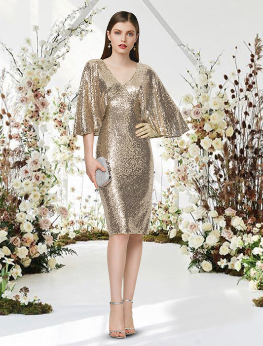 Wholesale Sheath / Column Cocktail Dresses Glittering Dress Graduation Cocktail Party Knee Length Half Sleeve V Neck Sequined with Sleek