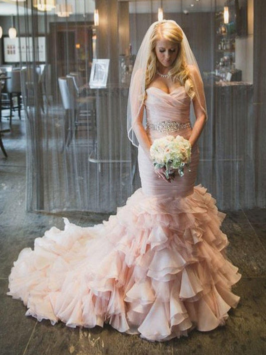 Wholesale Trumpet/Mermaid Sleeveless Sweetheart Court Train Ruffles Organza Wedding Dresses