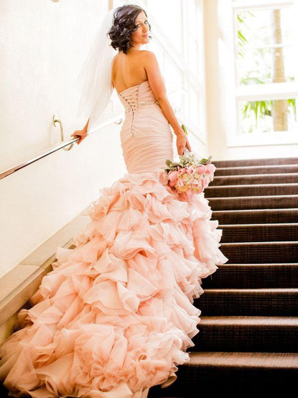 Wholesale Trumpet/Mermaid Sleeveless Sweetheart Court Train Ruffles Organza Wedding Dresses