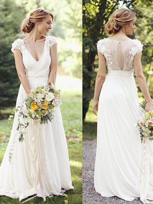 Wholesale A-Line/Princess Chiffon Ruched V-neck Short Sleeves Sweep/Brush Train Wedding Dresses